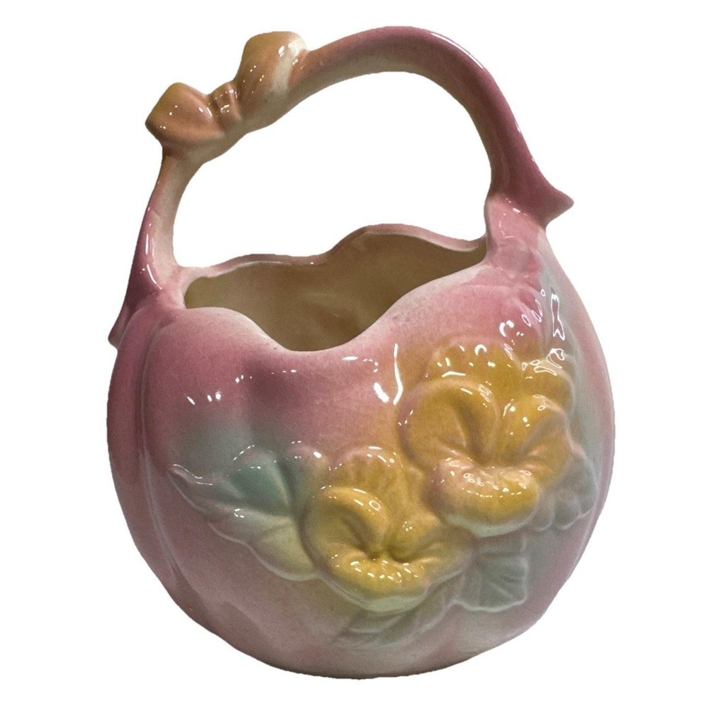 VTG Vase HULL Pottery Pink Pansy Basket Bow Knot No‎ 84 Grandma Cottage Fairy